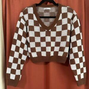 Aster Brown & White Checkered V-Neck Cropped Sweater Womens M